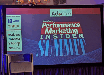 Slide on TV that reads "Performance Marketing Insider Summit"