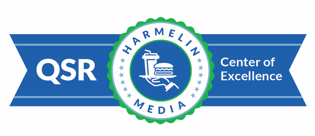 A blue and green ribbon for center of excellence, featuring a plate with a burger and drink in the center