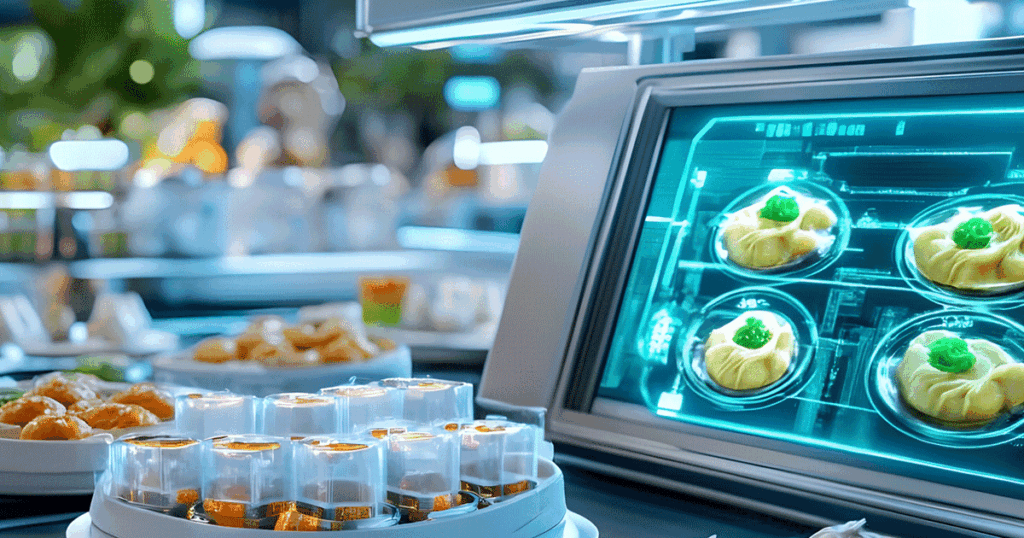 High-tech restaurant display showing desserts with green garnish next to trays of prepared food.