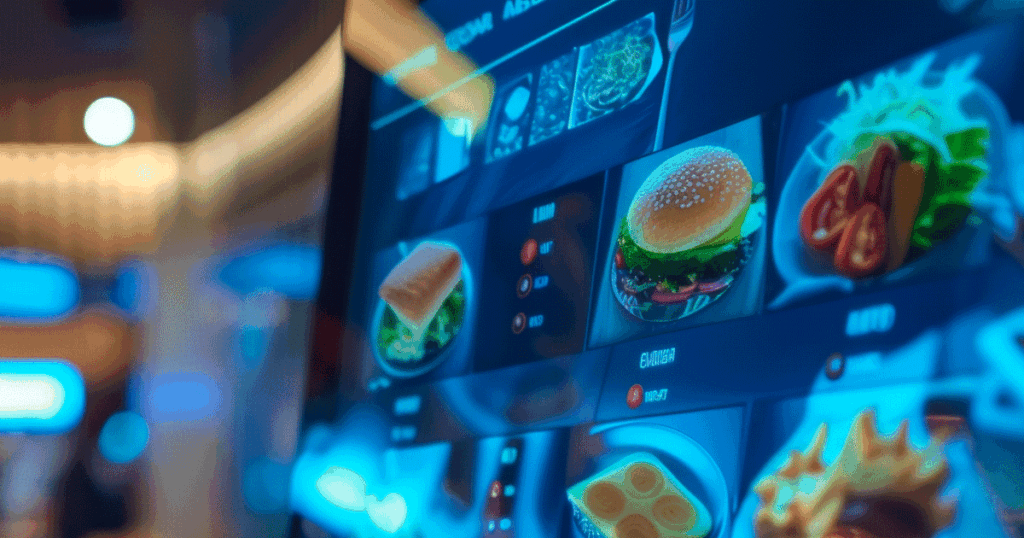 Touchscreen menu at fast-food restaurant with burger, sandwich, and fries for self-ordering.