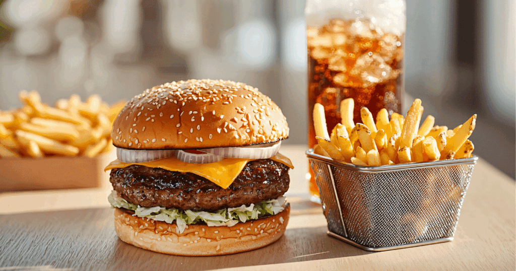 Close-up of a cheeseburger with lettuce, onion, and cheddar cheese on a sesame seed bun, served with French fries and a glass of cola on a wooden table.