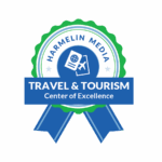 A blue and green banner for the Travel and Tourism Center of Excellence, featuring a passport and plane image in the center.