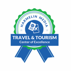 A blue and green banner for the Travel and Tourism Center of Excellence, featuring a passport and plane image in the center.