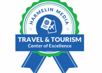 A blue and green banner for the Travel and Tourism Center of Excellence, featuring a passport and plane image in the center.