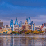 An image of the Schuylkill River and Philadelphia skyline.