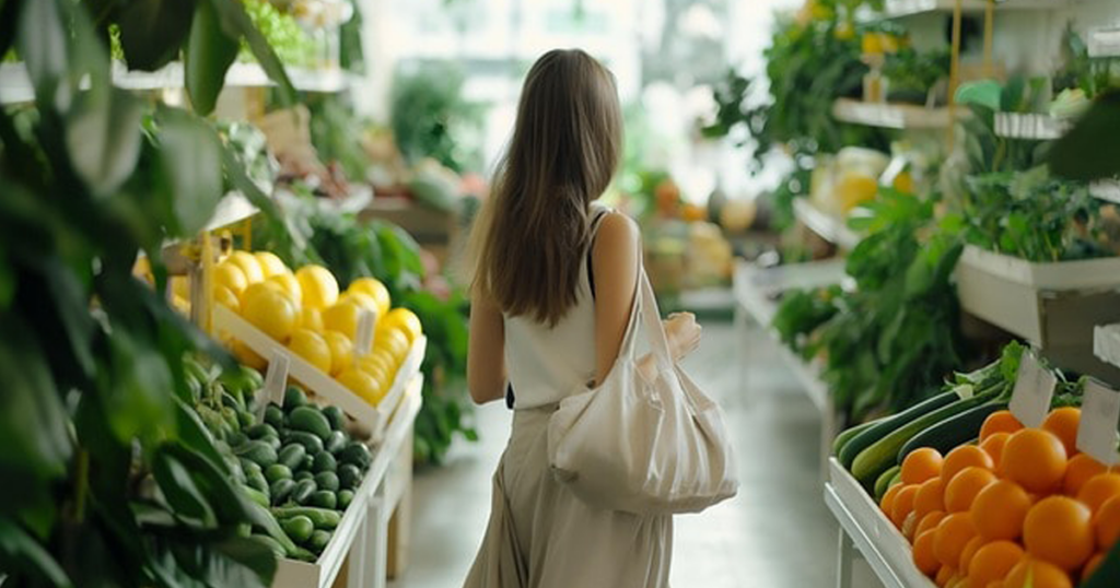 Woman shopping for fresh produce in a grocery store aisle.