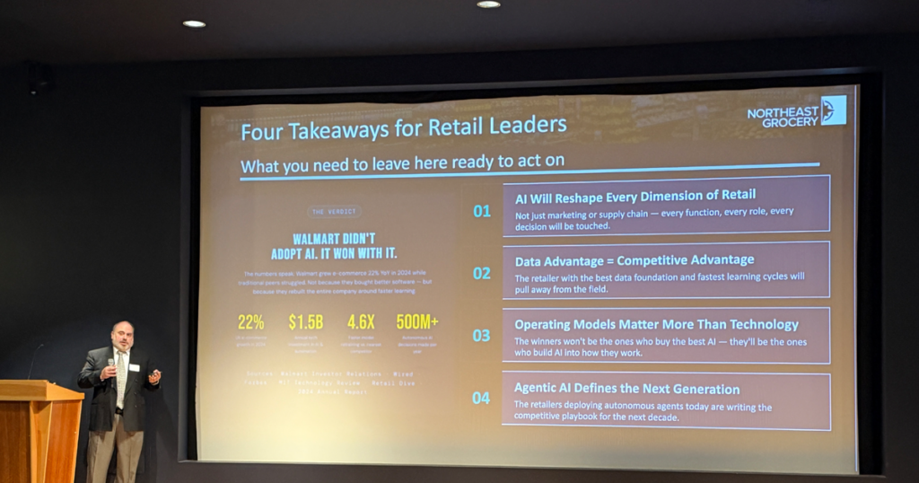 Rich Mendolora speaking in front of his slide Four Takeaways for Retail Leaders