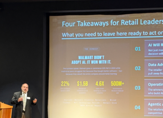 Rich Mendolora speaking in front of his slide Four Takeaways for Retail Leaders